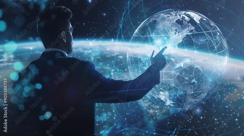 Poster businessman presenting futuristic business world metaverse graphic in the form of innovation in digi