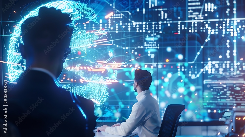 Poster businessmen use the intelligence of ai search for data information to growth business and add new cu