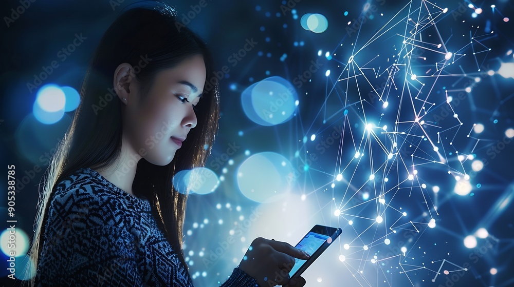 Leinwandbilder Woman on digital tablet futuristic network overlay and iot cloud data communication hologram with blockchain coding technology Future of cyber security fintech software and information : Generative AI