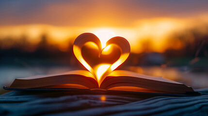 An open book with pages shaped into a heart against a vibrant sunset, symbolizing love and reading. © Curioso.Photography