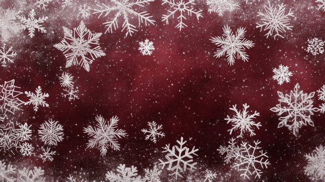 Snow-covered burgundy background with soft white snowflakes, creating a rich Christmas winter design. The burgundy hue adds a luxurious, festive touch.