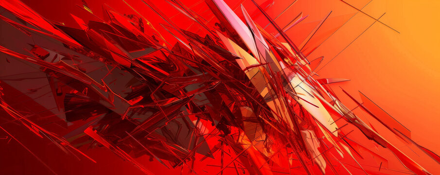 Bold scarlet abstract backdrop with sharp, fragmented shapes and lines, creating a sense of tension and dynamism.