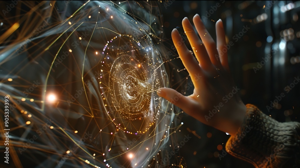 Poster Hand touching abstract network circle technology structure Innovation networking future worldwide global concept : Generative AI