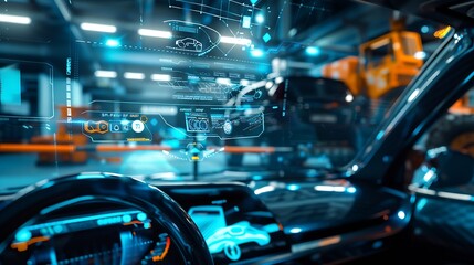 EV electric vehicle technology industry concept futuristic virtual graphic touch user interface on screen with auto repair garage blurred on background : Generative AI