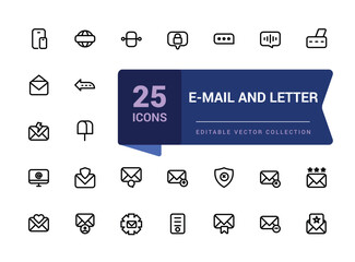 E-Mail And Letter icon set. Related to Newsletter, Email document, Correspondence icons. Minimalist thin linear web ui icon set. Simple editable vector stroke illustration.