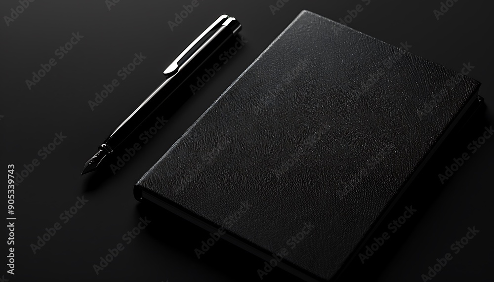 Aufkleber solid black background with notepad and pen, ample copy space