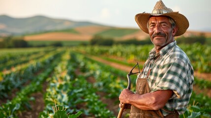 Experienced Farmer Working in Lush Vegetable Field During Late Afternoon Sunlight. Generative AI