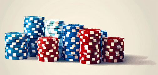 Fototapeta premium A vibrant stack of casino chips in red and blue colors, perfect for showcasing gaming, poker, and gambling themes.