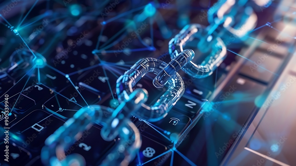 Fototapete Blockchain technology transaction concept Businessman use laptop on blockchain global networking data network connect Internet cyber security binary coded Crypto chain blockchain techn : Generative AI