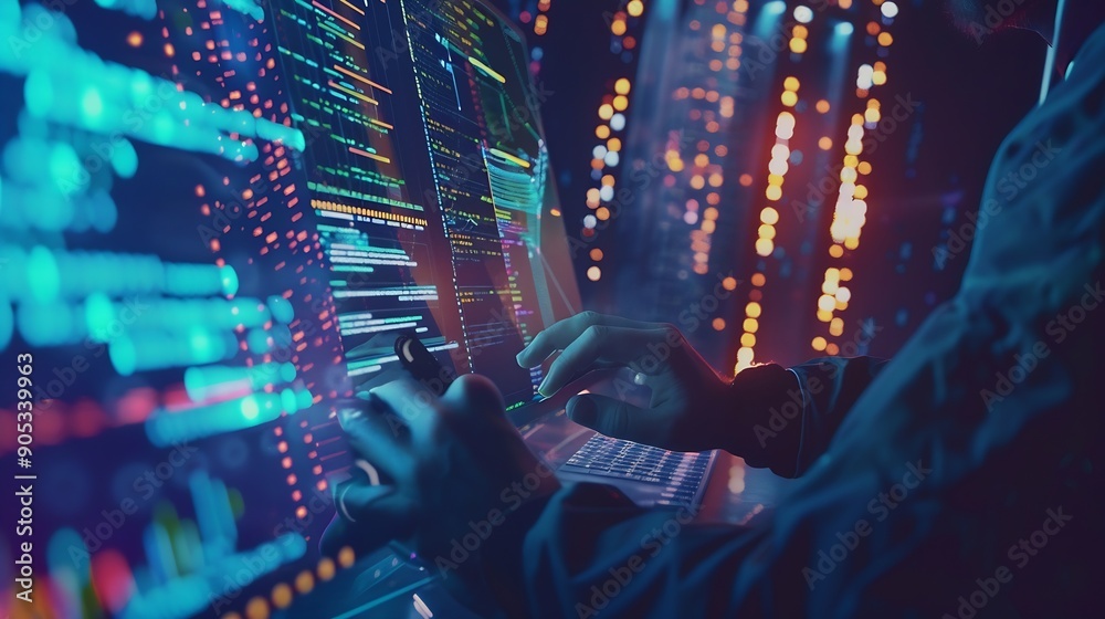 Fototapete Digital technology internet network connection big data digital marketing IoT Programmer coding on computer with smart city and internet network data accessing innovative technology ba : Generative AI