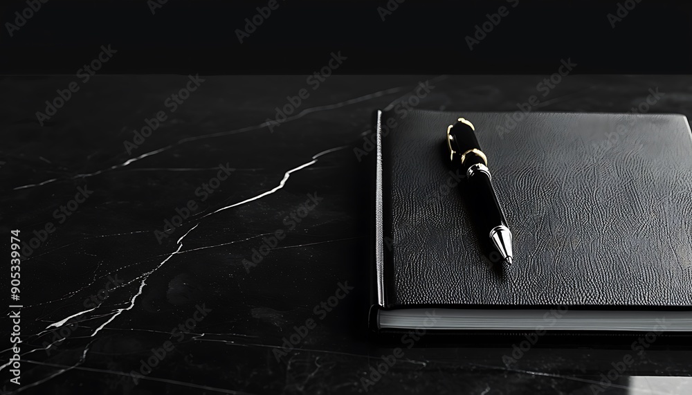 Aufkleber Solid Black Background with Notepad and Pen, Ample Copy Space