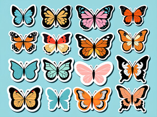 Assorted butterfly stickers on a blue background