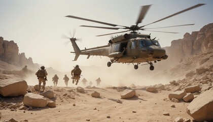 A military helicopter lands on a rocky plateau in the Middle East under the intense summer heat. Dust and sand are stirred by the rotors as soldiers disembark, securing the perimeter and unloading sup