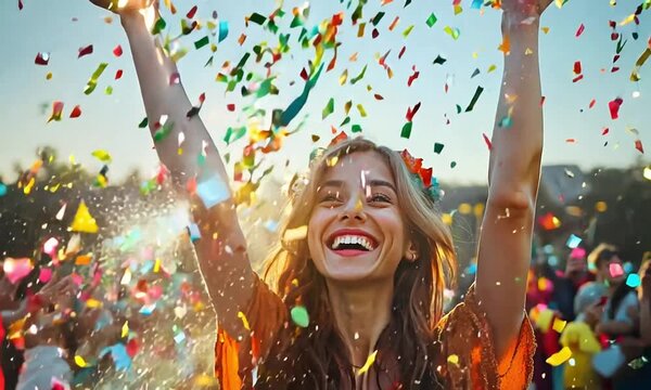 Cheerful young woman raising arms and smiling with colorful confetti, outdoor festival background