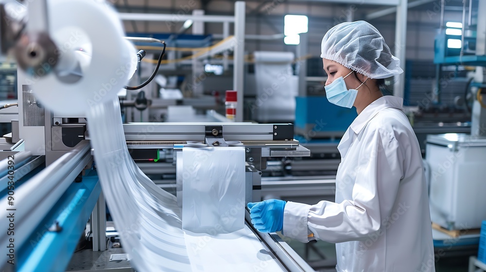 Poster factory worker inspecting production line automatic machine for manufacture of sterile medical banda