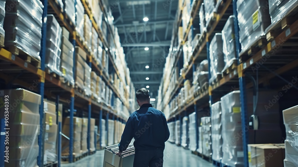 Aufkleber Warehouseman checking delivery stock in warehouse on computer pc Warehouse manager using warehouse management software app : Generative AI