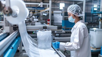 Factory worker inspecting production line automatic machine for manufacture of sterile medical bandage and masks made of non woven material : Generative AI