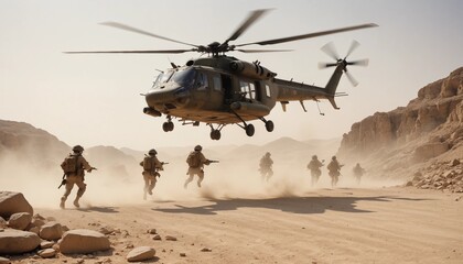 A military helicopter lands on a rocky plateau in the Middle East under the intense summer heat. Dust and sand are stirred by the rotors as soldiers disembark, securing the perimeter and unloading sup