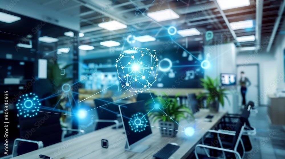 Poster modern office and communication network concept smart office internet of things : generative ai