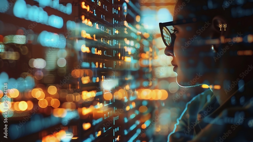 Aufkleber Computer code hologram and woman thinking of data analytics information technology or software overlay at night Laptop solution and IT people with algorithm statistics and cybersecurit : Generative AI