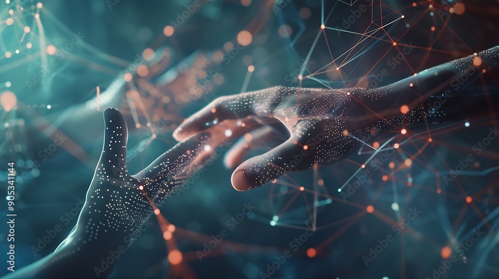 Poster Digital transformation conceptual for next generation technology era AI Machine learning Hands touching the big data structure Digital data network connections Data transformation : Generative AI