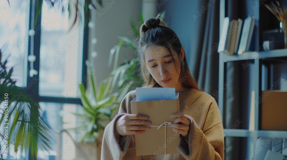 Poster young happy woman buy product by online shopping at home while ordering items from the internet with