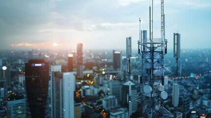 Antenna communication technology with city background Communication tower connect to data of smart city Telecommunication 5G Digital Transformation IoT Internet of Things : Generative AI