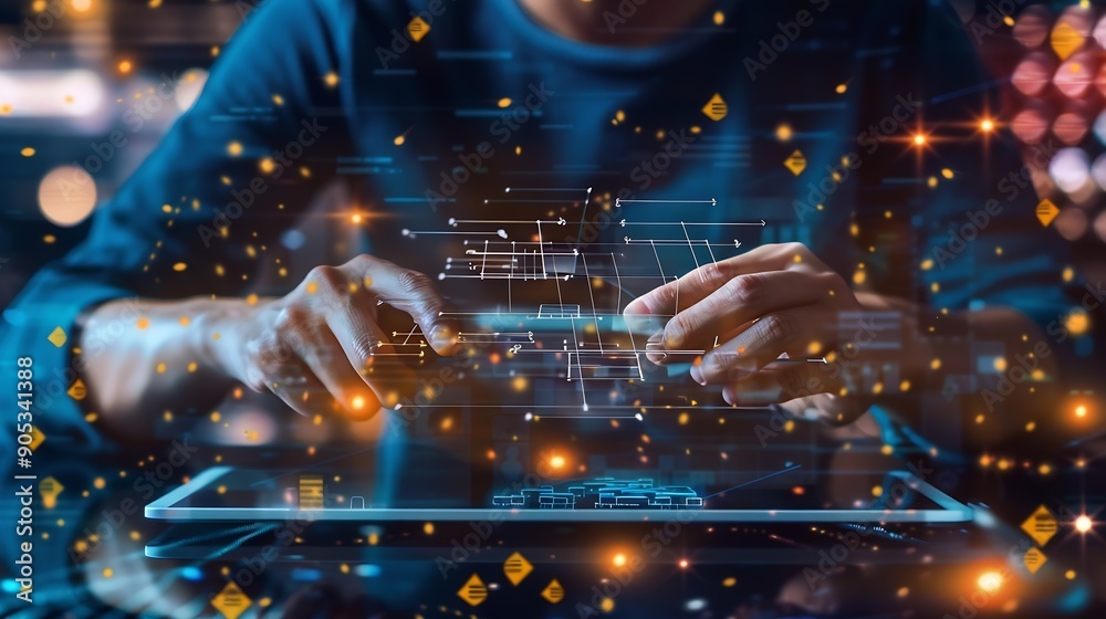 Poster Big data digital technology abstract background data science internet network connection technology concept Man using computer line and dot connection cloud computing innovation techno : Generative AI