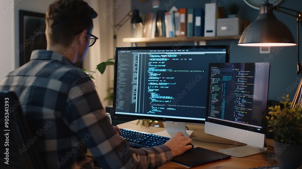 Poster Qualified data scientist updating neural networks writing complex binary code scripts Certified teleworking man in home office uses digital device programming to upgrade AI : Generative AI