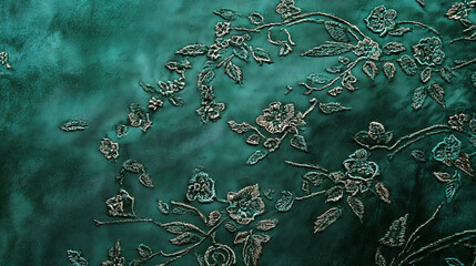 An emerald textured background featuring a delicate, embroidered pattern. The intricate details and rich green hues add a touch of elegance and tradition.