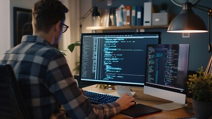 Qualified data scientist updating neural networks writing complex binary code scripts Certified teleworking man in home office uses digital device programming to upgrade AI : Generative AI