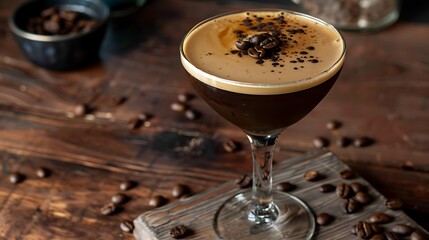 Espresso martini with coffee beans on top, served in a chilled martini glass, rich and bold