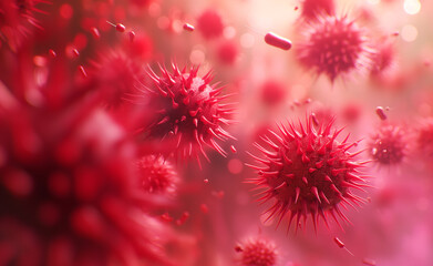 Close-up of red virus cells under a microscope.