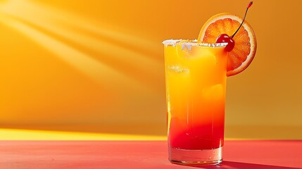 Tequila sunrise with a gradient of orange and red colors, garnished with an orange slice and cherry, vibrant and summery