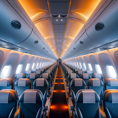 Fototapeta premium The inside of an airplane with many seats and a bright orange light 