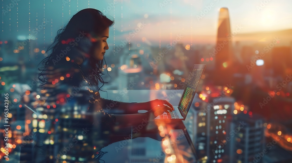 Aufkleber Internet network connection data exchange digital marketing IoT internet of things Double exposure woman using modern computer surfing the internet and smart city innovative technology : Generative AI
