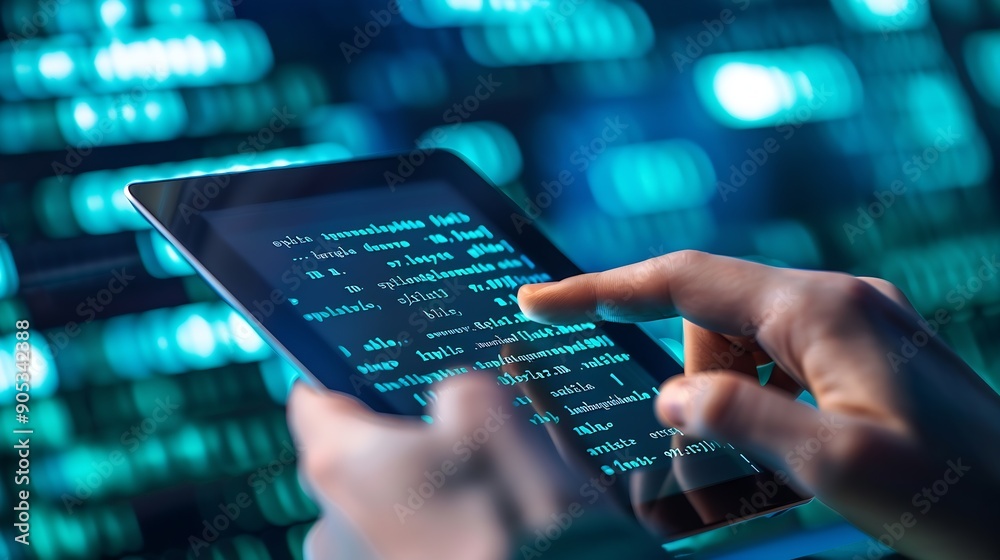 Fototapete Software development IoT internet of Things Internet network technology concept Man coding programmer software developer working on digital tablet with binary html computer code on vir : Generative AI
