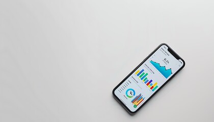 Solid White Background with Smartphone Displaying Business Analytics, Ample Copy Space