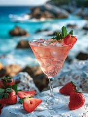 Pink Martini Cocktail at Ocean: Refreshing Strawberry Mocktail Drink with Fresh Strawberries, Ice and Mint Leaves on Coastal Background - Martini Glass with Iced Pink Drink on Coastal Stone Surface