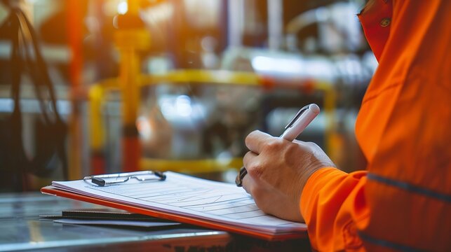 A safety engineer is using pen to rating the health risk assessment level of chemical hazardous material in the paperwork form Industrial safety working scene closeup and selecitve foc : Generative AI