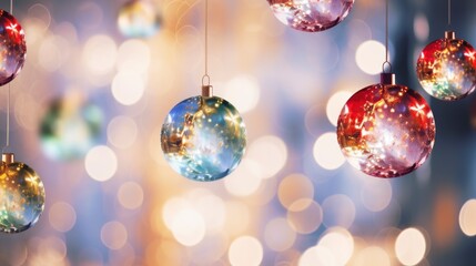 Obraz premium Colorful Christmas ornaments hanging with a blurred festive lights background.