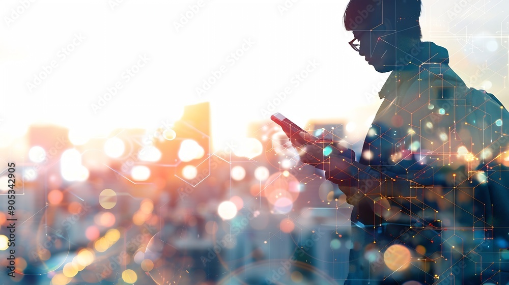 Poster Digital technology internet network connection big data digital marketing social media concept Double exposure of man using smart mobile phone surfing internet and the city technology  : Generative AI