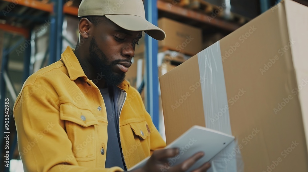 Poster african american person working to shipping box package by order in logistic warehouse black male wo