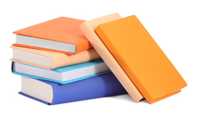 Many bright colorful books isolated on white