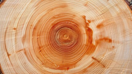 Fototapeta premium Texture of freshly sawn thick spruce tree cross section with growth rings and wood powder background