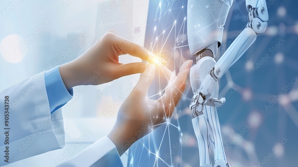 Poster Medical Ai Hands of robot and human touching on medical data network connection AI robot for diagnosis increasing accuracy patient treatment in future technology to improve patient hea : Generative AI