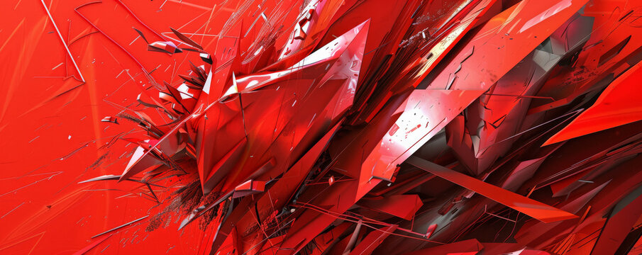 Bold scarlet abstract backdrop with sharp, fragmented shapes and lines, creating a sense of tension and dynamism.
