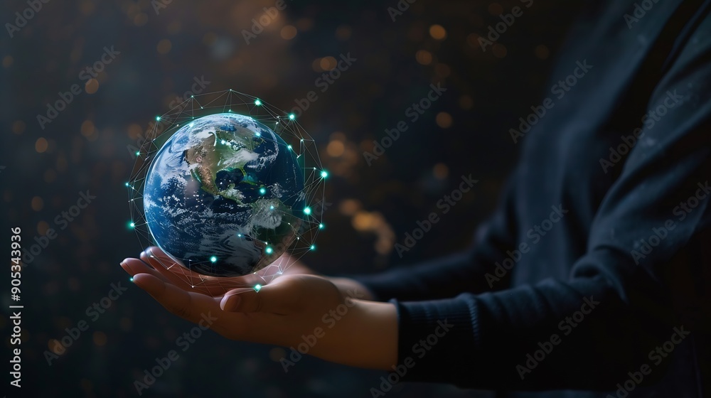 Aufkleber Hand holding globe with network connecting data Implement of digital technology cloud computing and ai artificial intelligence develop smart information transformant and global busines : Generative AI