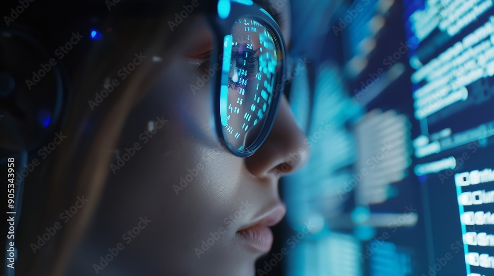 Aufkleber Software coding hologram and woman in data analytics information technology and gdpr overlay Programmer or IT person in glasses reading script programming and cybersecurity research on : Generative AI