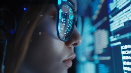 Software coding hologram and woman in data analytics information technology and gdpr overlay Programmer or IT person in glasses reading script programming and cybersecurity research on : Generative AI
